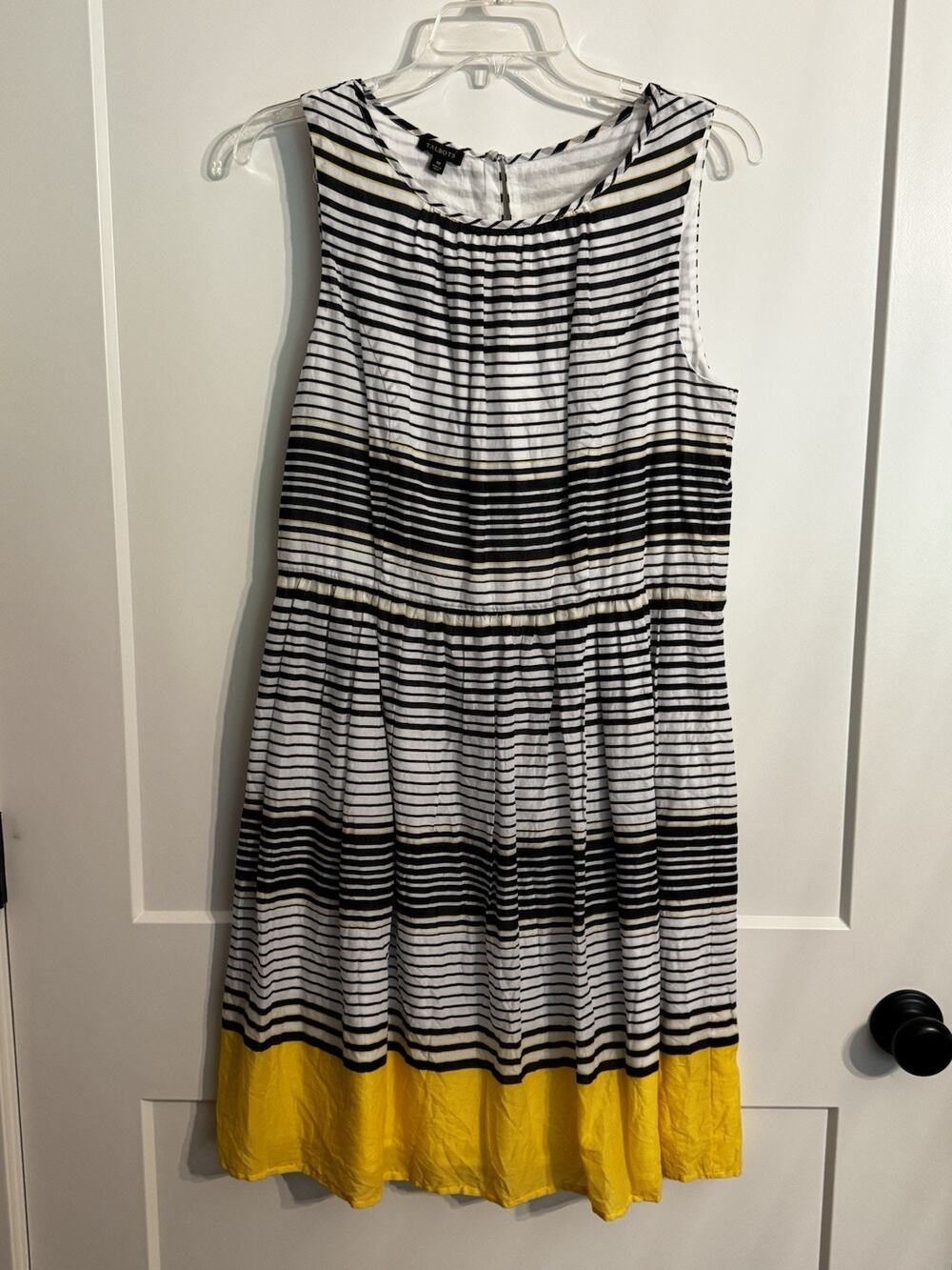 Talbots Dress Size 10 White Black Yellow Striped Sleeveless Lined Cotton Wedding